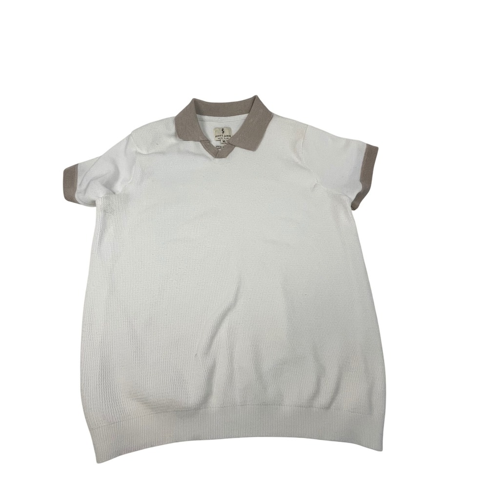 Scott James White Textured Knit Polo Shirt Tan Trim Short Sleeve Mens Size L